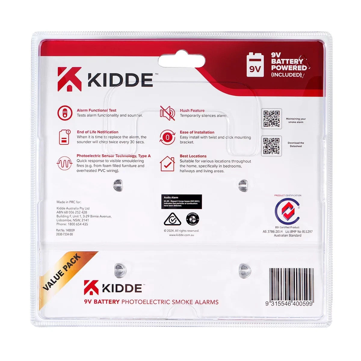 Kidde Photoelectric Smoke Alarm 2 Pack K501 9V Battery Powered