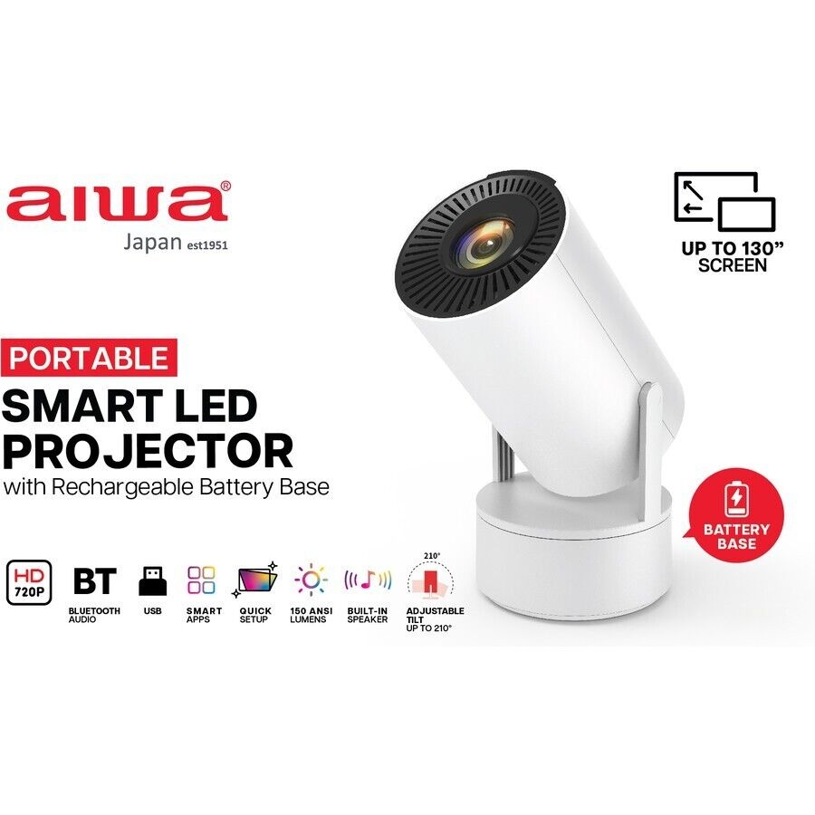 Aiwa Portable HD Smart LED Projector TV WiFi Bluetooth Home Theatre Rechargeable