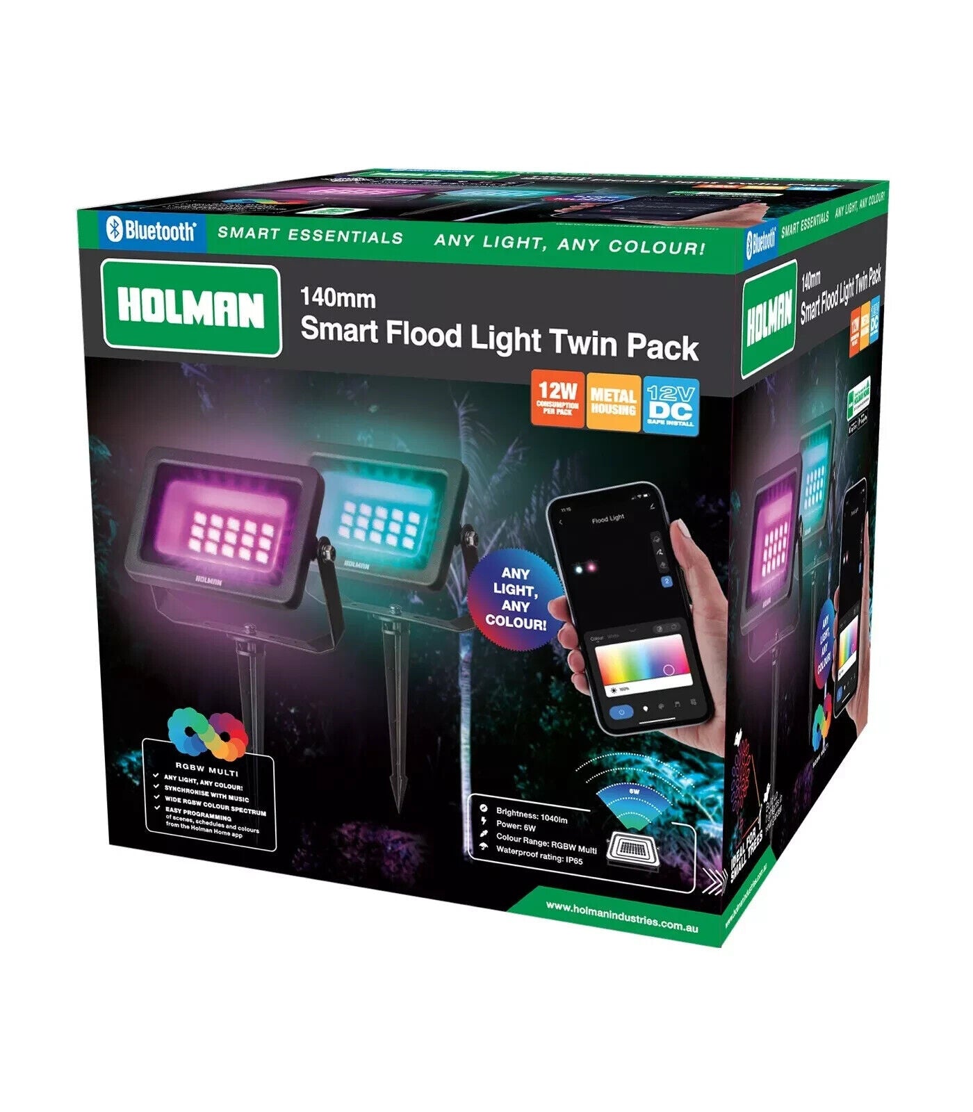 Holman 140mm Smart Flood Light Twin Pack RGBW Multi Colour Bluetooth Music Sync