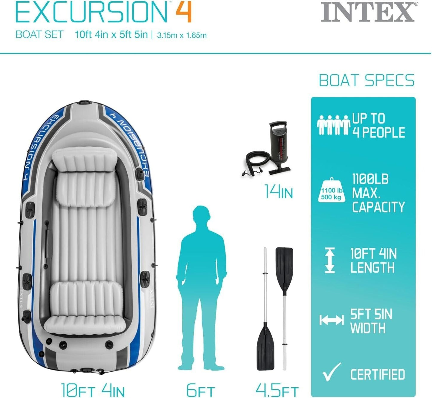 Intex 315cm Excursion 4 Person Inflatable Boat w/Oars Set Sports Raft River/Lake