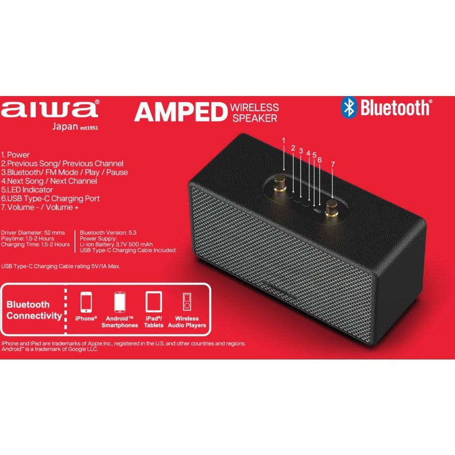 AIWA JAPAN AMPED Bluetooth Wireless Vegan Leather Rechargeable Portable Speaker