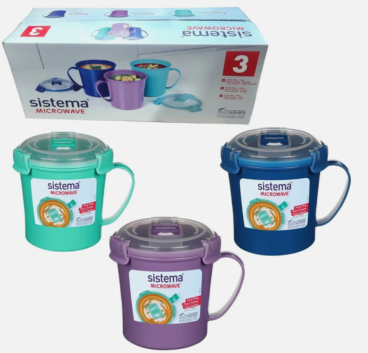 3 x Sistema Microwave 656ml Medium Soup Mug Food Container