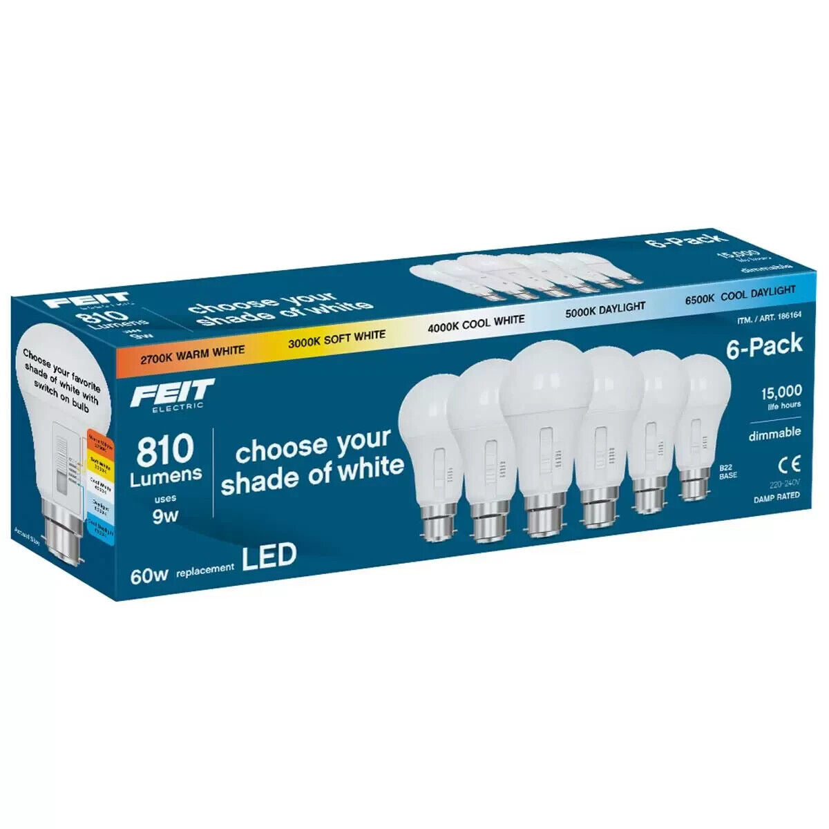 6 Pack Feit 9W 810 Lumens Warm Cool 5-Colour Dimmable LED Light Bulbs E27 B22