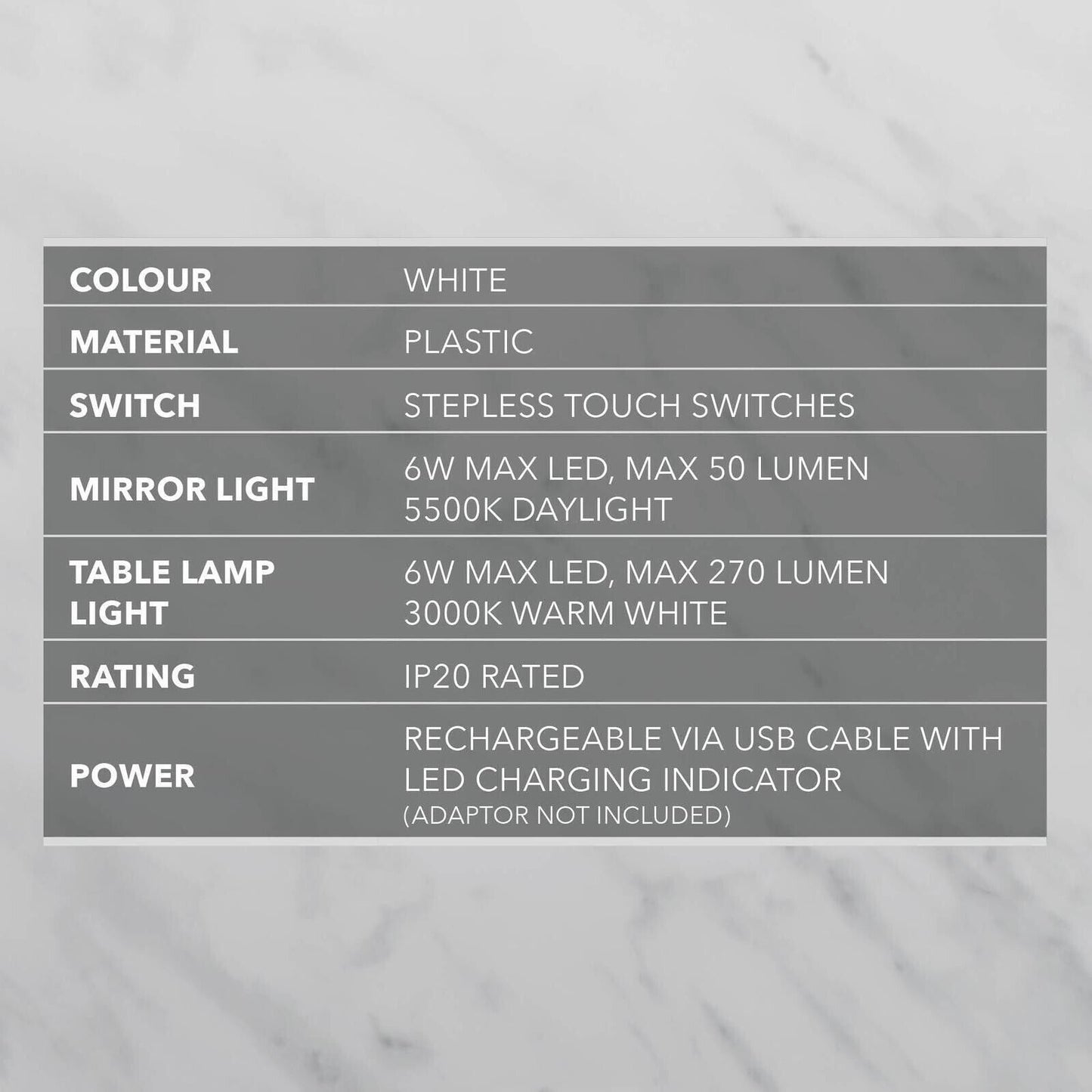 Verve Design Bella Rechargeable Mirror Light Table Lamp Light 3000K Warm White