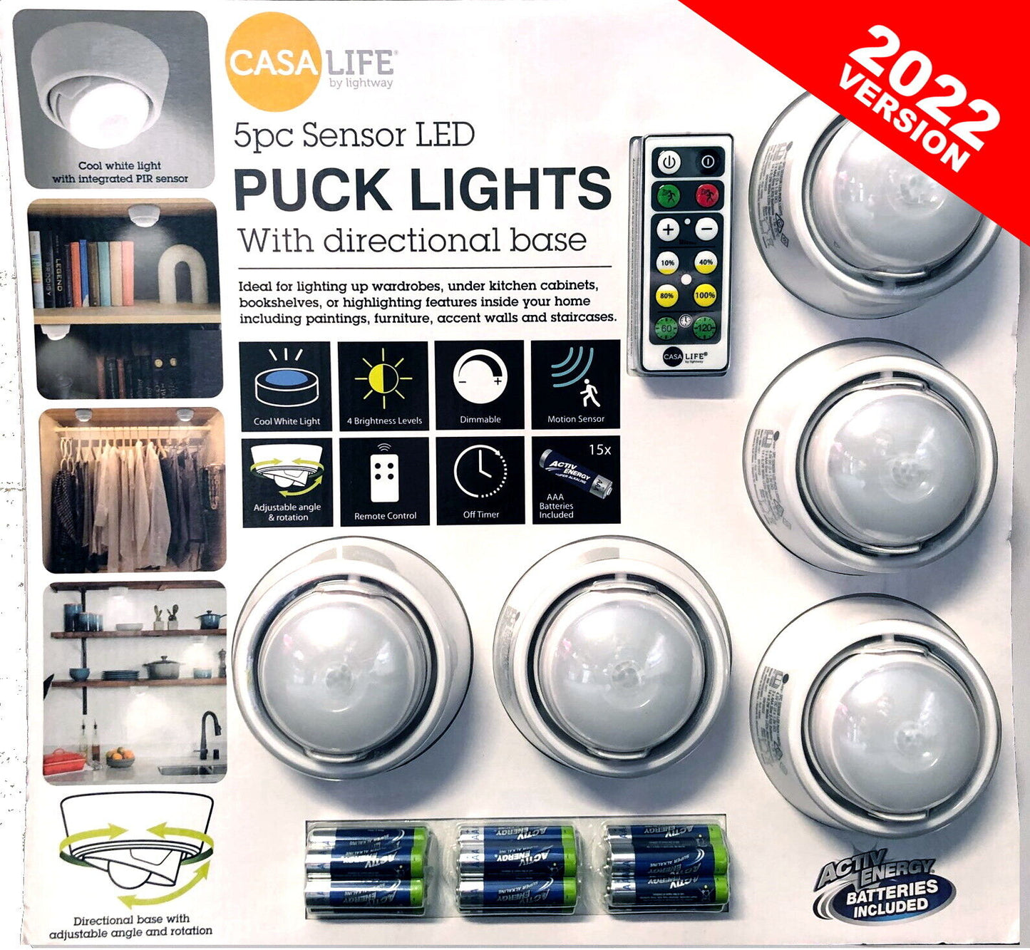 CASA LIFE 5 x LED Puck Lights Wireless Directional Base RGB/Cool White Sensor