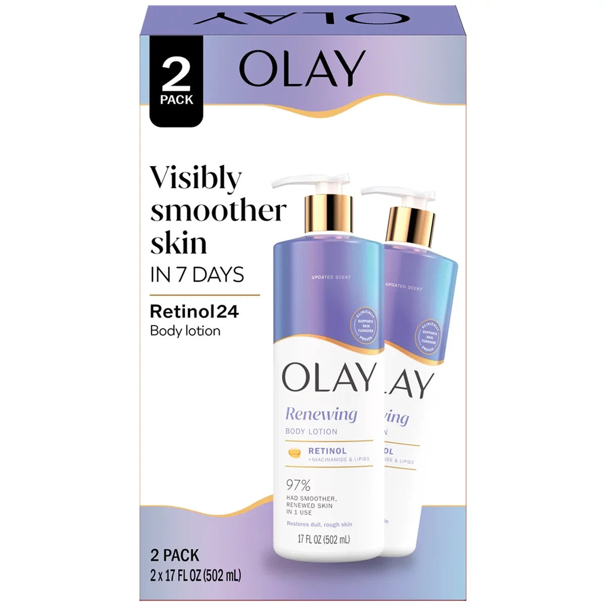 2 Pack Olay Retinol Hand & Body Lotion 502ml/17oz Pump Skin Smoothing B3