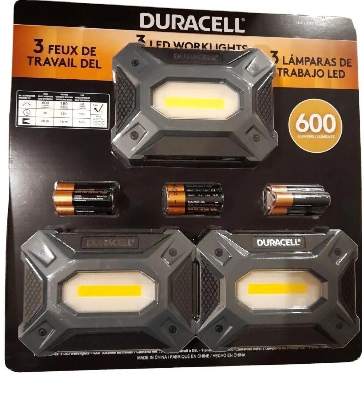 DURACELL 3-Pack LED 600 Lumen Worklight Work light with 9PCS AA Battries
