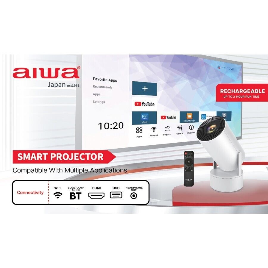Aiwa Portable HD Smart LED Projector TV WiFi Bluetooth Home Theatre Rechargeable