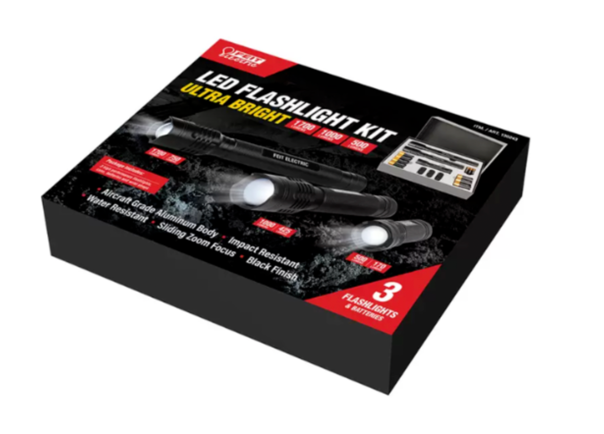 FEIT Electric LED Flash Light Torch 3 pcs Kit Ultra Bright 1700 1000 500 Lumens