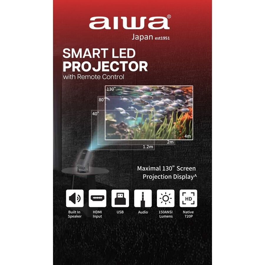AIWA Smart HD LED Projector WiFi Bluetooth HDMI USB Android Office Home Theater
