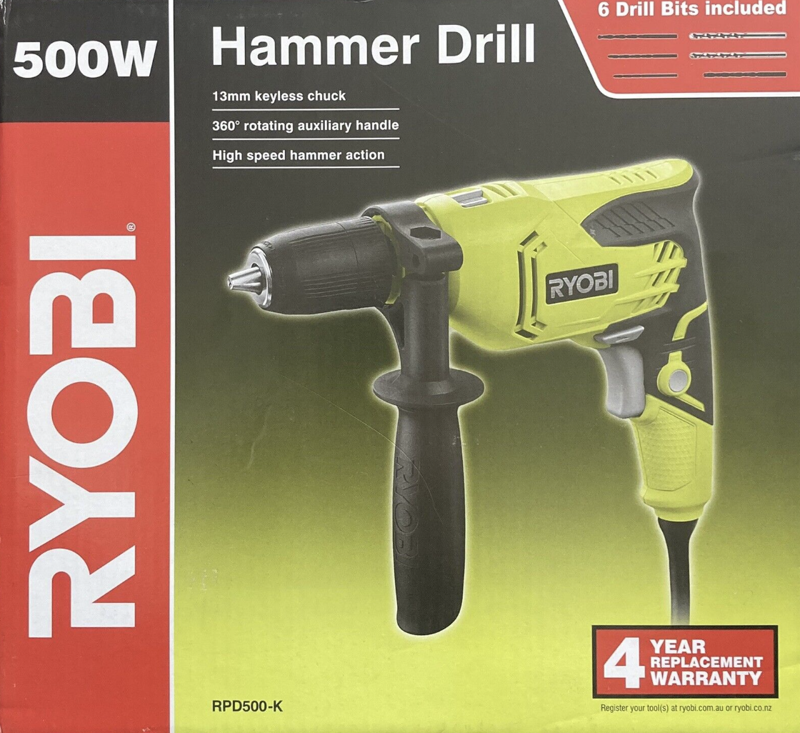 RYOBI 500W Corded Hammer Drill With 6 Drill Bits 13mm Keyless Chuck