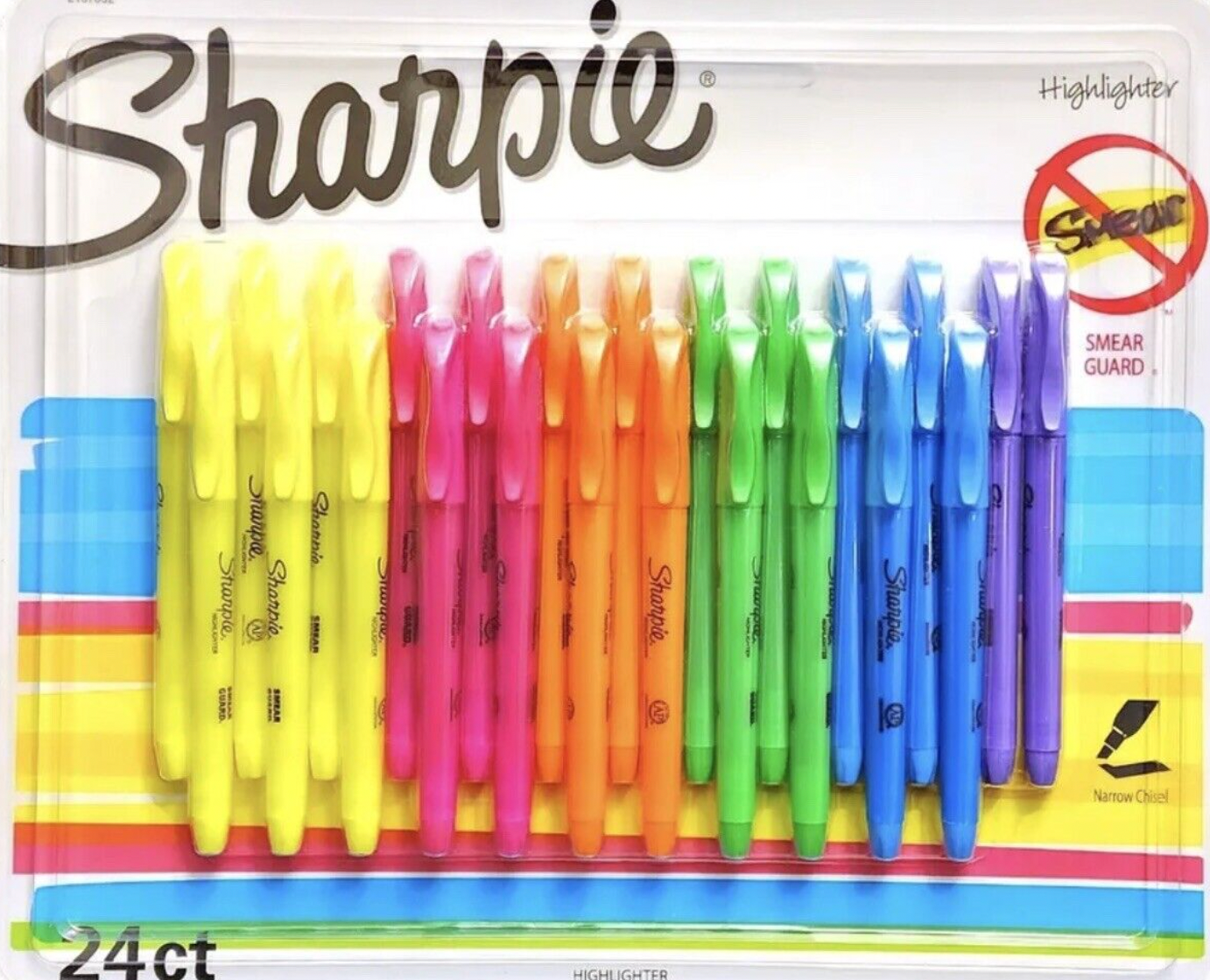 Sharpie Highlighters Marker Pen Narrow Chisel Tip Sharpie Smear Guard 24 Texta
