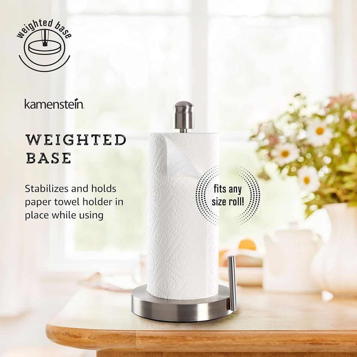 Kamenstein Paper Towel Holder Stainless Steel With Tear Bar One Hand Pull & Tear