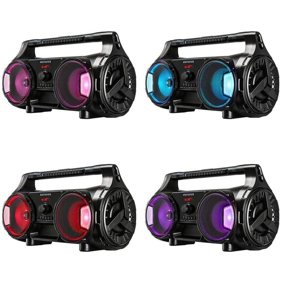 Aiwa Portable Bluetooth Party Speaker Boombox LED Lights USB FM Radio Remote EQ