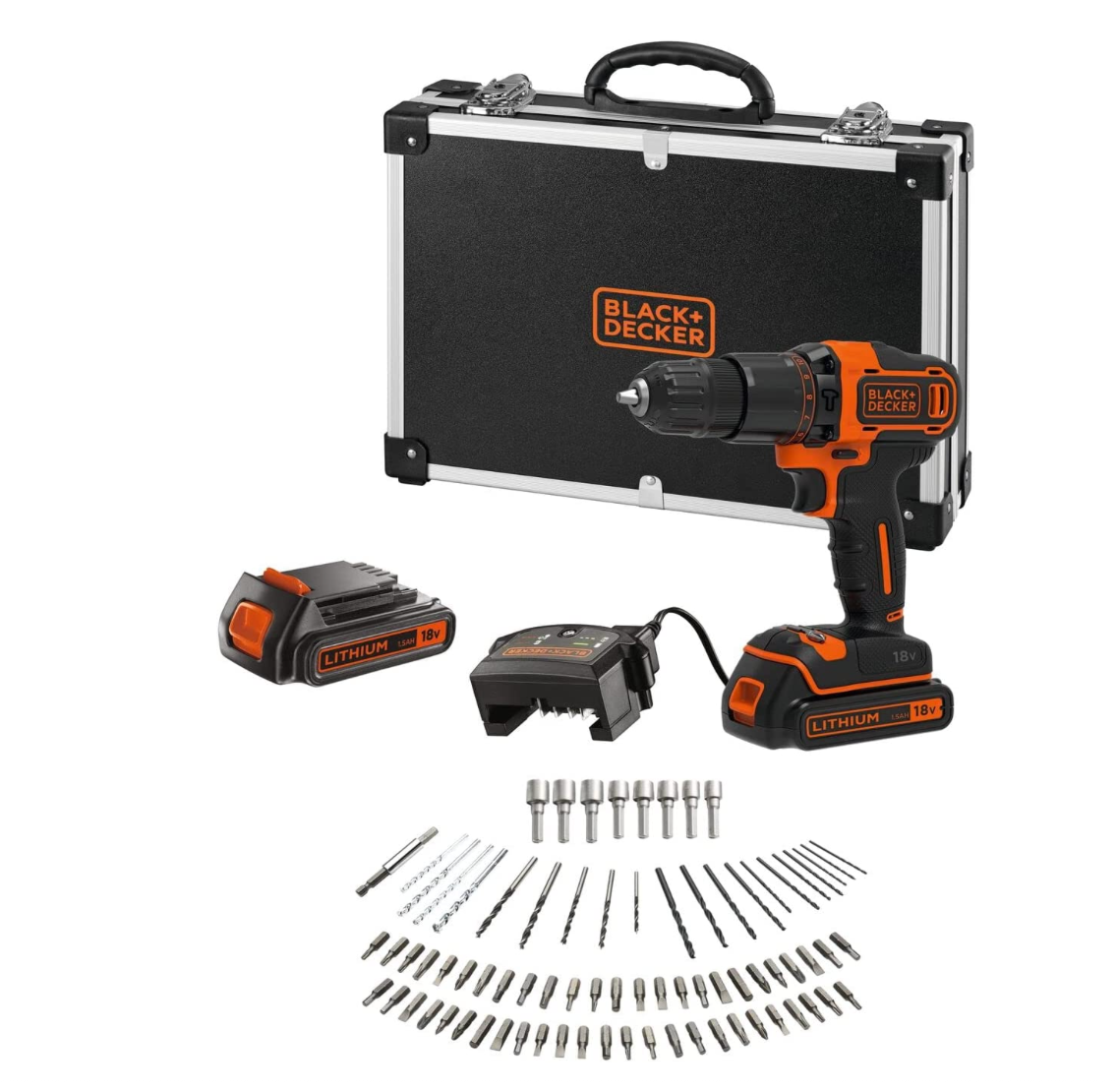 BLACK+DECKER 18V Lithium-Ion 2 Speed Hammer Drill Kit 1.5Ah with 80 Accessories