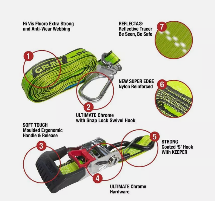 Grunt Pro 38mm x 5m Swivel Hook Ratchet Tie Down