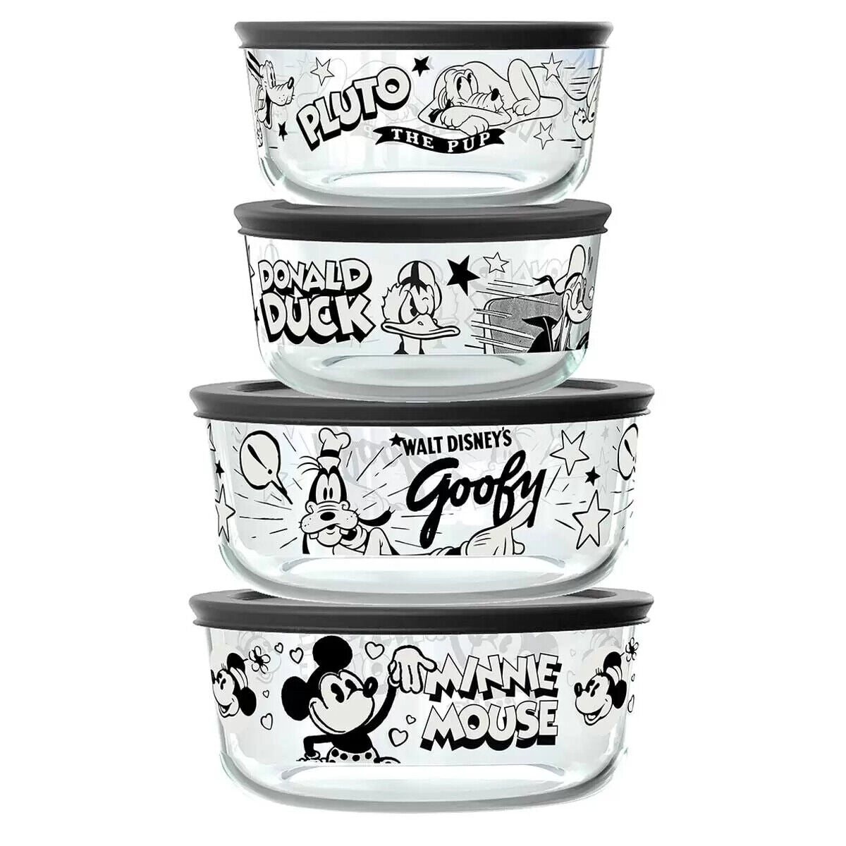 Disney 100 Mickey Mouse Sanrio Hello Kitty Pyrex 4 Glass Storage Set + 4 Lids