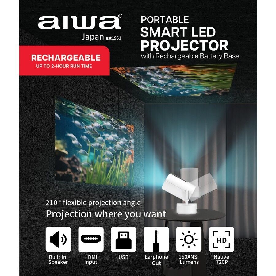 Aiwa Portable HD Smart LED Projector TV WiFi Bluetooth Home Theatre Rechargeable