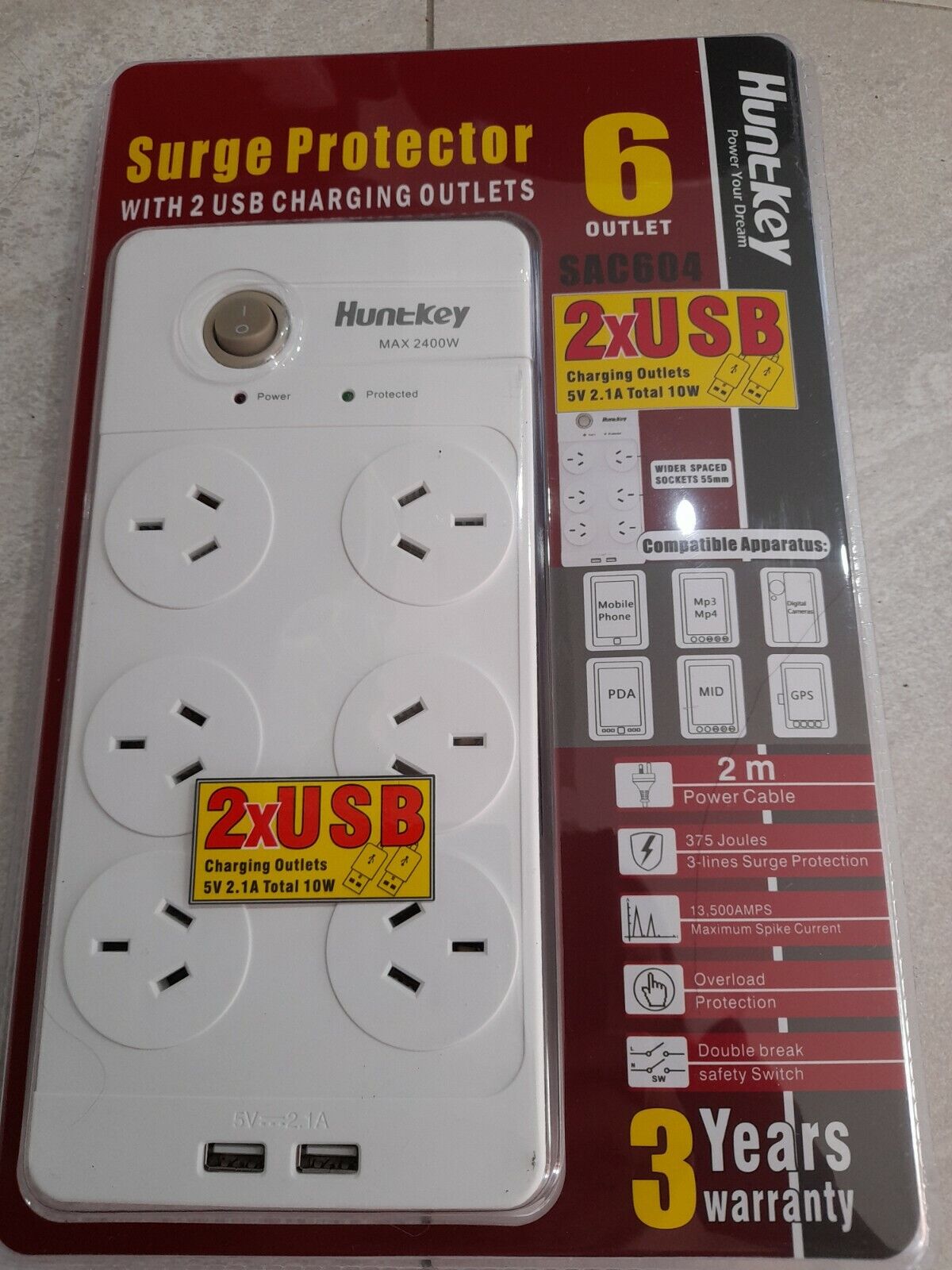 Huntkey SAC604 6 Ways Outlet Surge Protector with 2 USB Charging Outlets