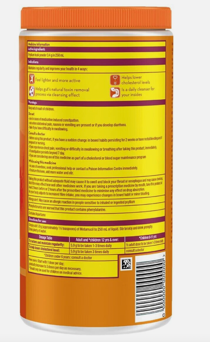 4 x 673g Metamucil Sugar Free Fiber Supplement Orange Smooth