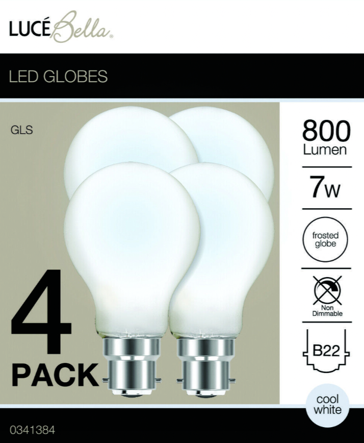 4PK Globe LED Ashape Luce Bella 7W 800LM Cool White Fila Light Bulb B22 / E27