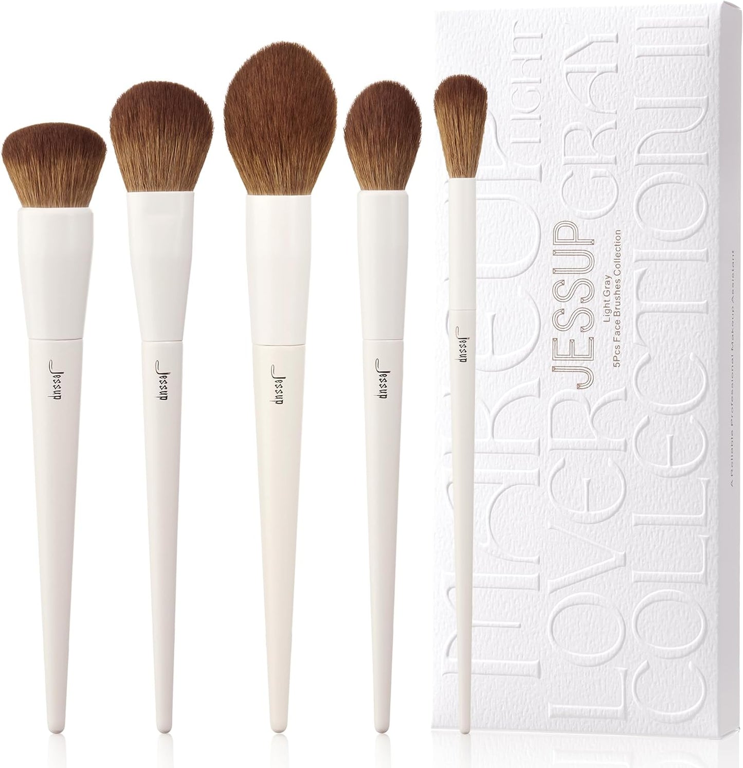 Makeup Brush Set 5Pcs Face Makeup Brushes Vegan Soft Foundation Brush Contour Brush Highlighter Brush Fluffy Setting Powder Brush, Light Grey T493