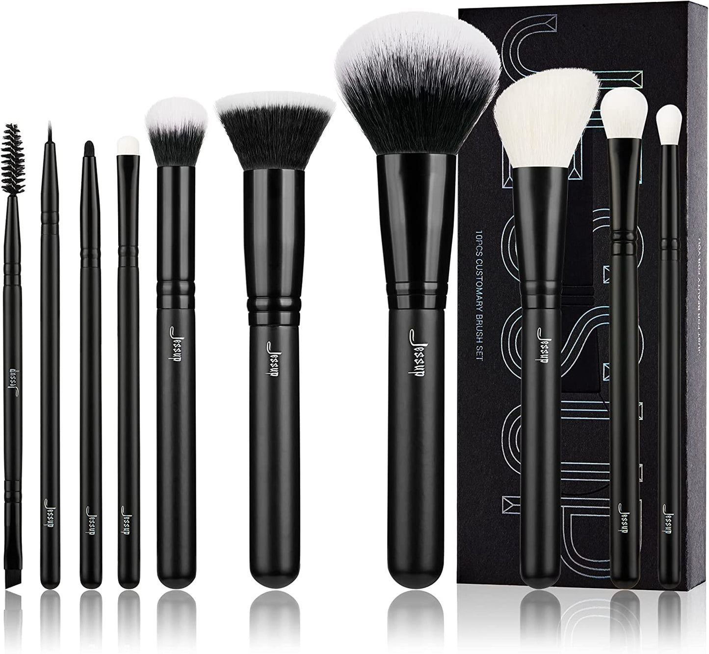 Makeup Brush Set 10Pcs Black Make up Brushes Set Professional with Natural Synthetic Hair for Foundation Blending Blush Concealer Eyeshadow Eyebrow Eyeliner, T323