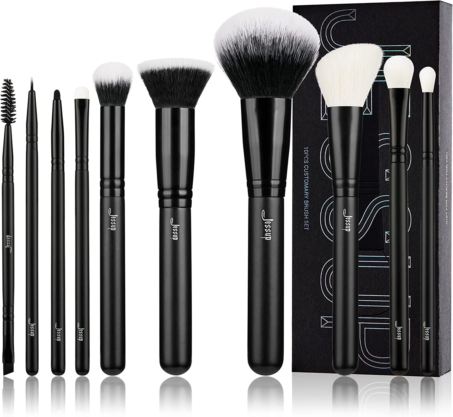 Makeup Brush Set 10Pcs Black Make up Brushes Set Professional with Natural Synthetic Hair for Foundation Blending Blush Concealer Eyeshadow Eyebrow Eyeliner, T323