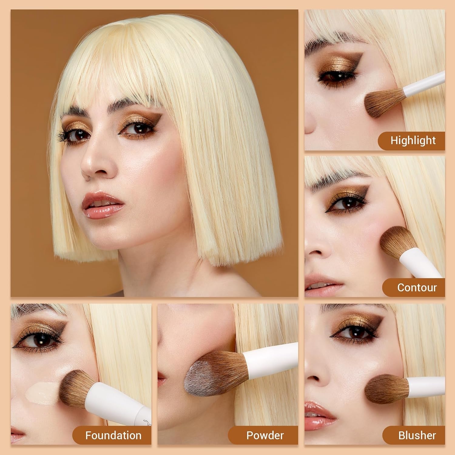 Makeup Brush Set 5Pcs Face Makeup Brushes Vegan Soft Foundation Brush Contour Brush Highlighter Brush Fluffy Setting Powder Brush, Light Grey T493