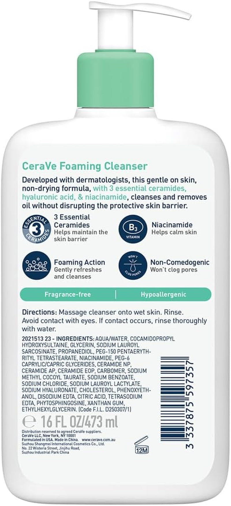 Foaming Cleanser Gel Face Wash for Normal to Oily Skin, Removes Oil without Disrupting the Protective Skin Barrier, Hyaluronic Acid + Niacinamide + Ceramides, Fragrance Free, Oil Control, 473Ml