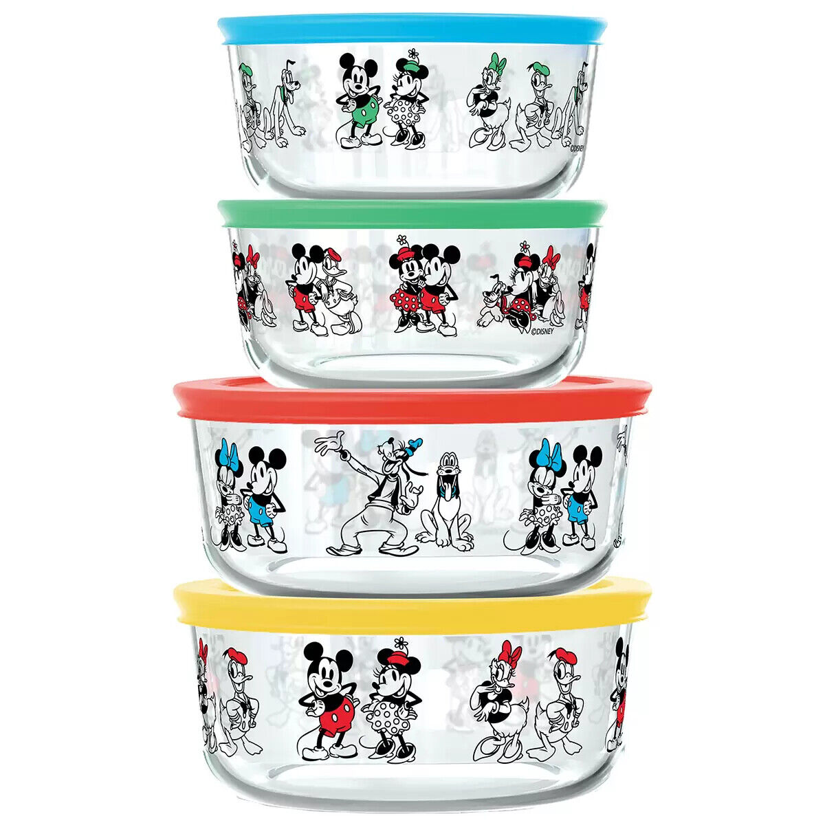Disney 100 Mickey Mouse Sanrio Hello Kitty Pyrex 4 Glass Storage Set + 4 Lids