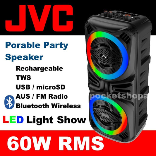JVC Portable Bluetooth Party Speaker TWS LED lights FM Radio Aux Mic 60W RMS