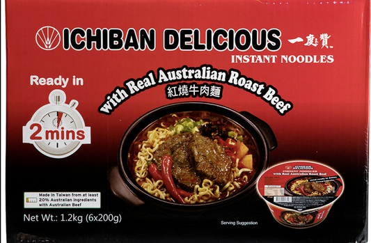 ICHIBAN Roast Beef Sauce Noodles 6 x 200g, Real Australian Meat 2min Bowl Noodle