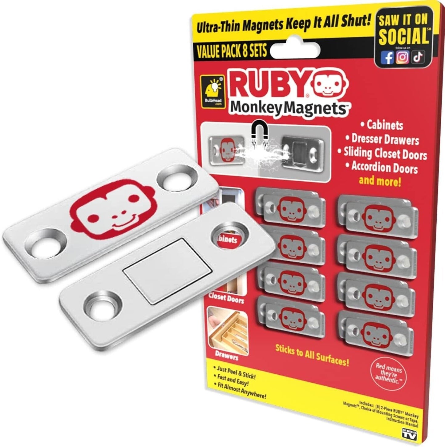 RUBY MONKEY MAGNETS 8 set As Seen On TV Adhesive Magnets Keep Doors Drawers Shut