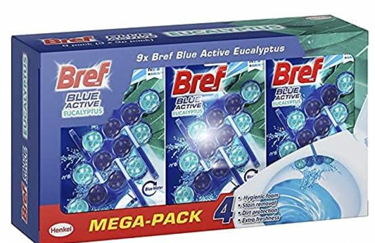 Bref Blue Active Eucalyptus Rim Block Toilet Odour Hygienically Cleaner 9 x 50g