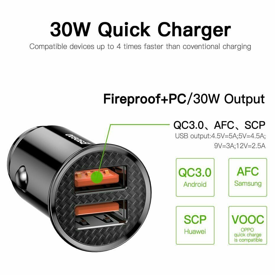 Baseus 5A 100W/30W Quick Charge QC 4.0 QC3.0 Dual USB, USB A Type C Car Charger