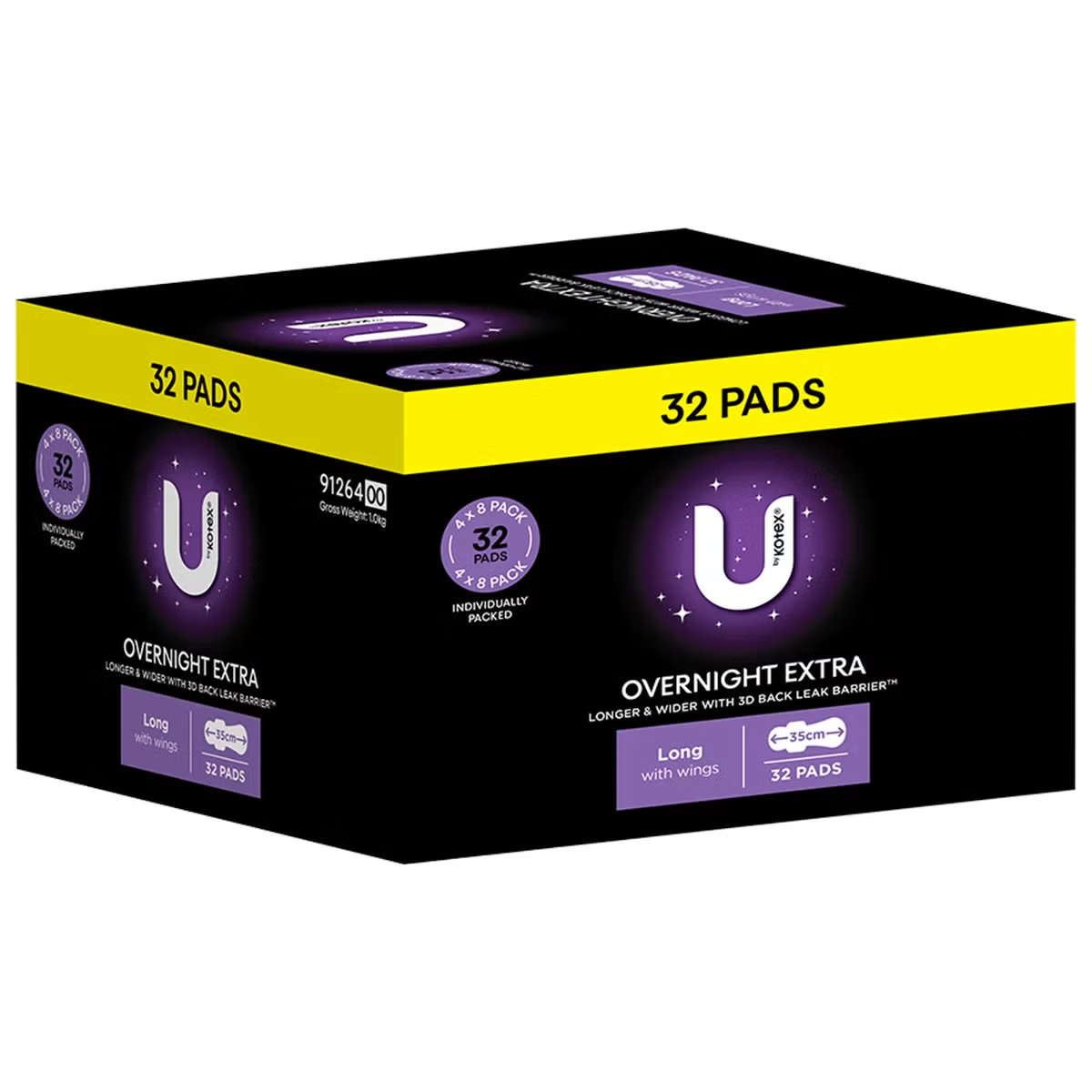 U by Kotex Extra Overnight Pads Long with Wings 32 Pack (4 X 8 Pack)