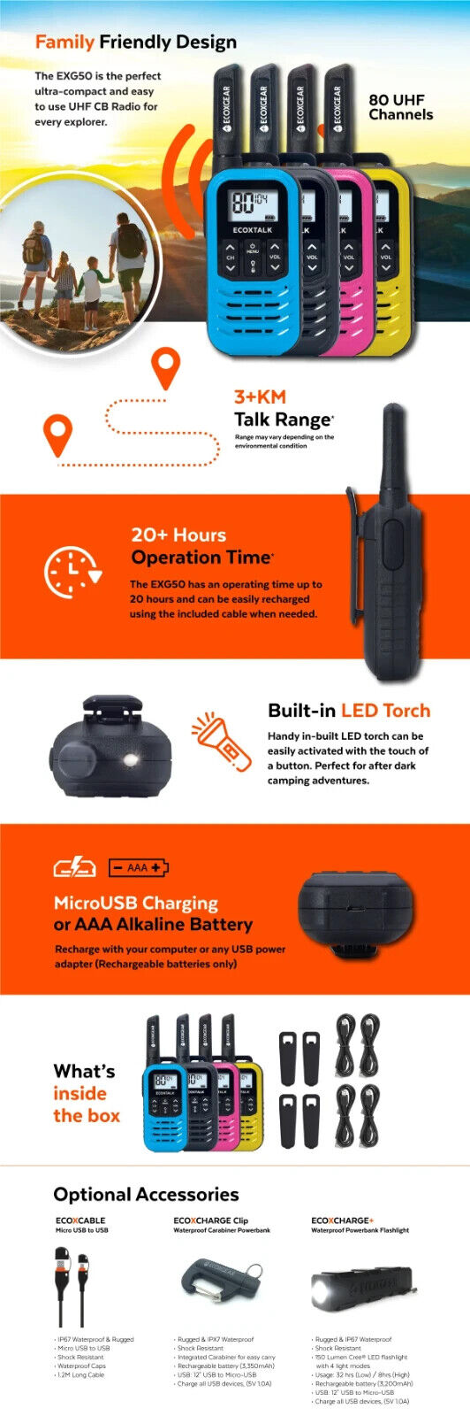 5X ECOXGEAR EXG50 UHF CB Handheld Radio Walkie Talkie 3km LED Torch