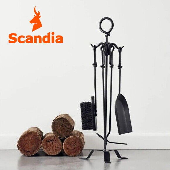 Scandia Classic 5pc Fireside Fire Tool Set Brush Shovel Poker Ash Scrapper Stand
