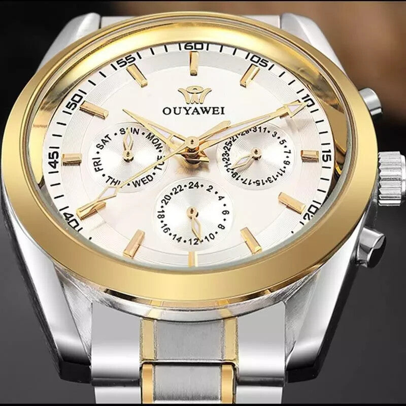 OUYAWEI Men mechanical watch Top Brand Luxury army gold colour stainless steel