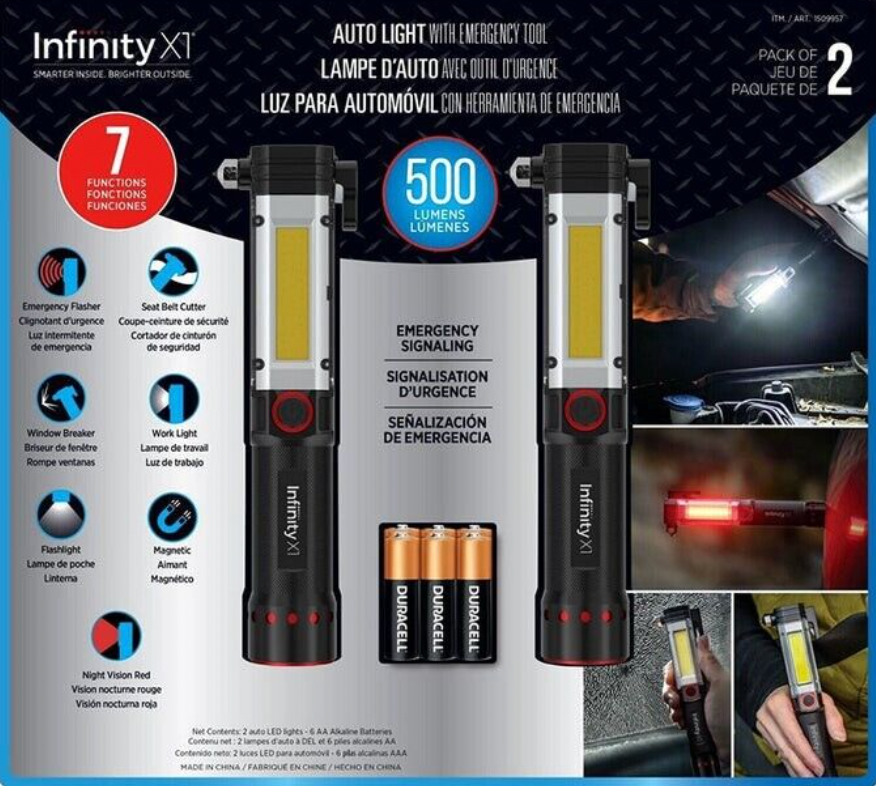 Infinity 7 In 1 Portable Emergency Car Tool 500 Lumen Work Light Flashlight 2pk