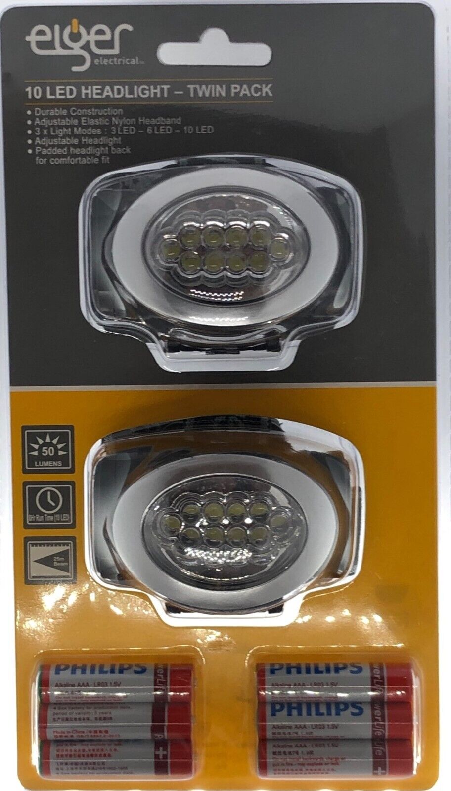 2x 10 LED HEAD LIGHT TORCH BICYCLE OUTDOOR HIKING w/ 6x Philips AAA Batteries