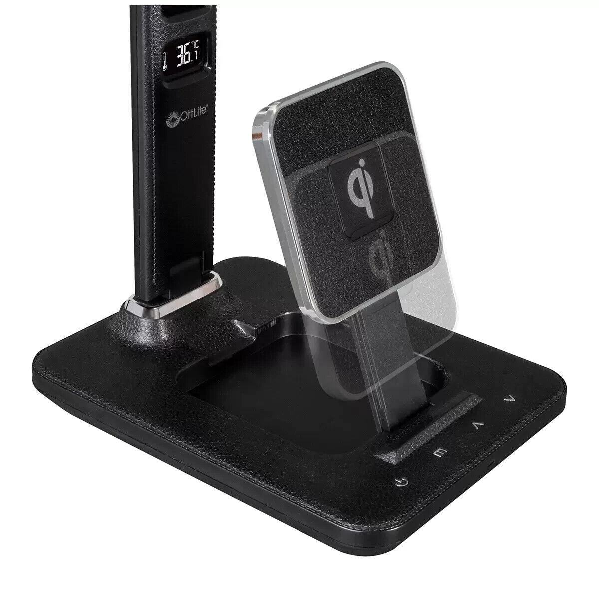 NEW Black Executive LED Desk Lamp Time Date Wireless Qi USB Charging Temperature