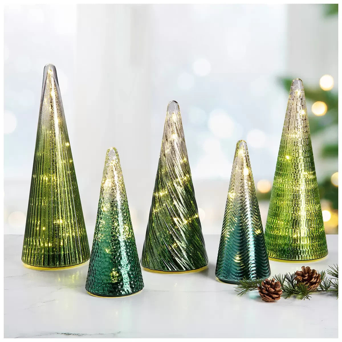 5pcs Glass Christmas Tree LED Light Decor Tabletop Ornament Centrepiece Green
