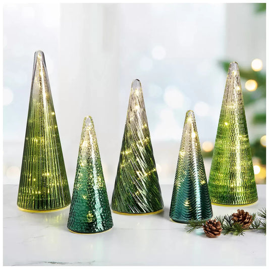 5pcs Glass Christmas Tree LED Light Decor Tabletop Ornament Centrepiece Green