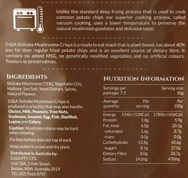 3x/2x/1x 300g DJ&A Whole & Cut Shiitake Mushroom Crisps Kids Snack Fibre Vegan