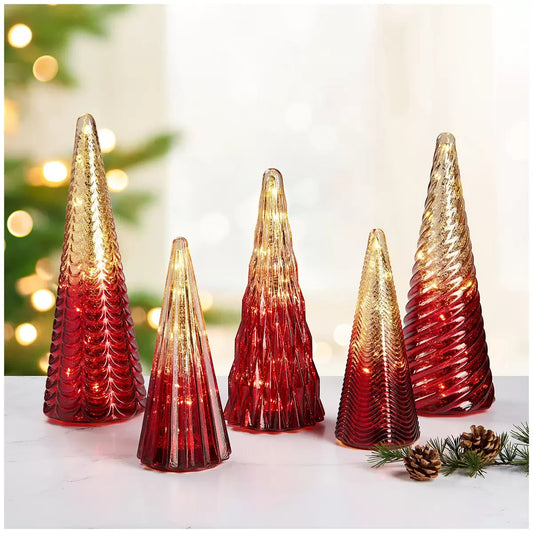5pcs Glass Christmas Tree with LED Light Decor Tabletop Ornament Centrepiece Red