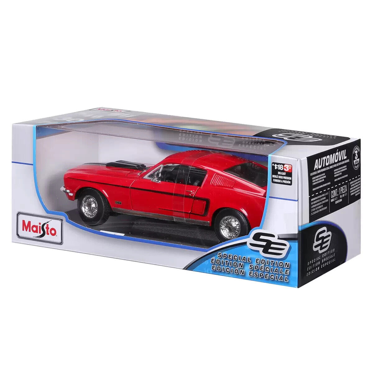 Maisto 1:18 1968 Ford Mustang GT Cobra Jet Red Detailed Die Cast Toy Diecast Car