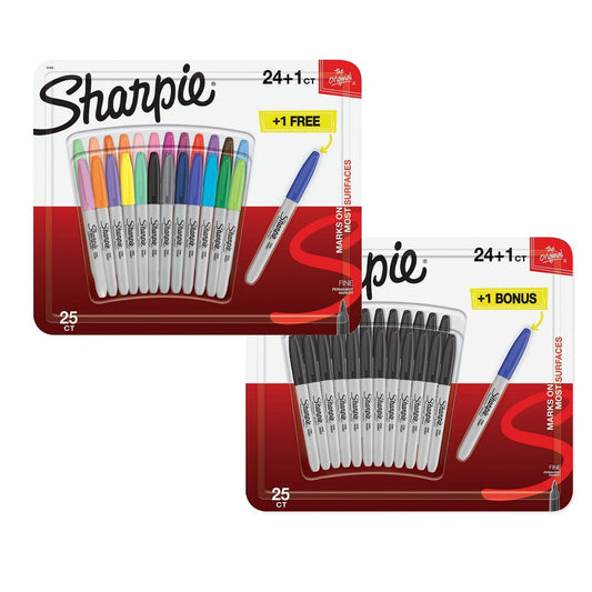 24 + 1 Sharpie Markers Coloured/Black Permanent Sharpies Marker Pen Fine Point