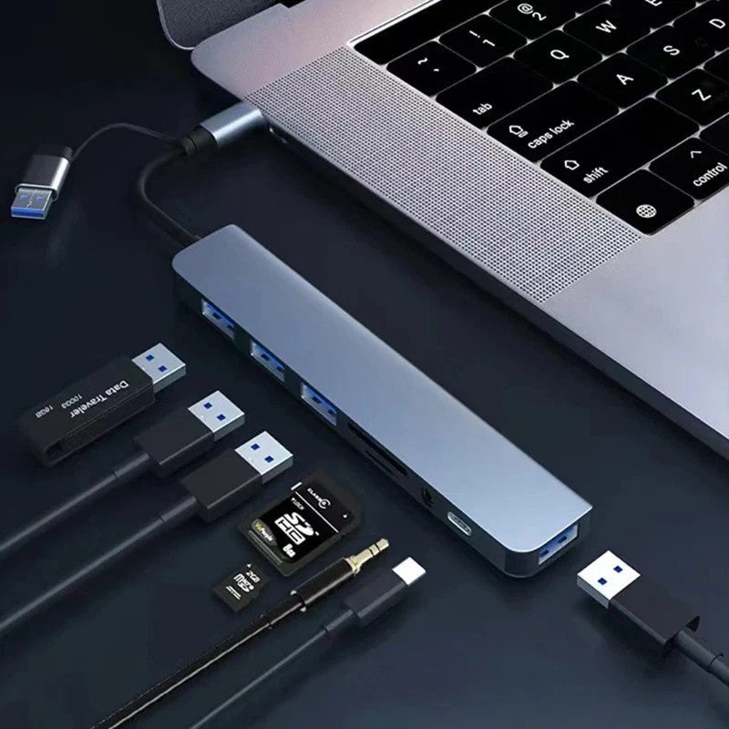 8 in 2 USB A + Type C HUB Docking Station with 3.5mm Audio Jack Adapter Micro SD
